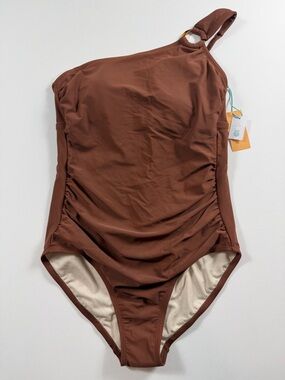 Kona Sol One-Shoulder Ruched One-Piece Swimsuit High Coverage L 12/14